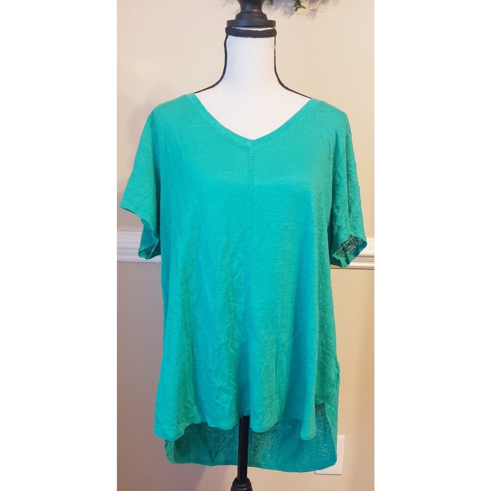 Tahari Size 1X 100% Linen Tunic Top Green Short Sleeve V Neck